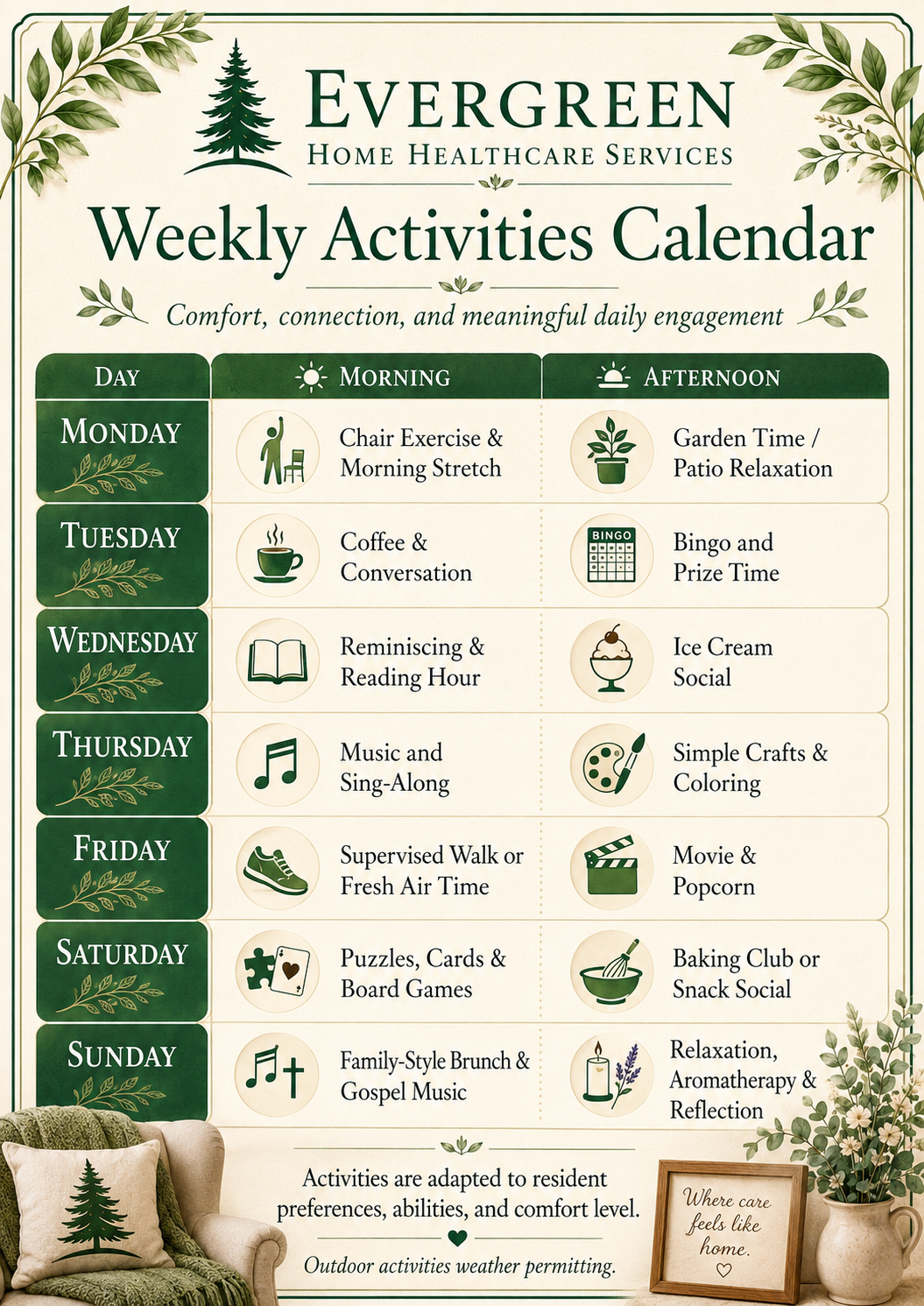 Evergreen weekly activities calendar