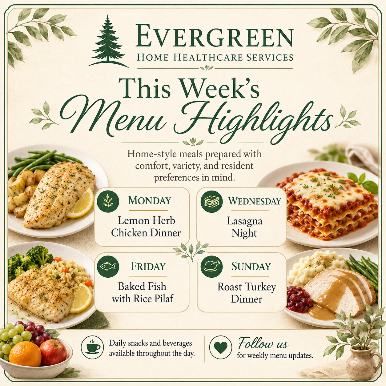 Evergreen weekly menu